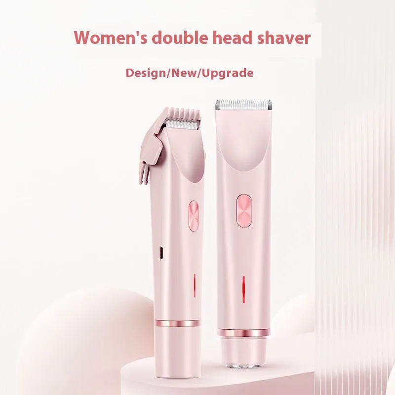 Pink women's electric body hair trimmer and shaver with USB cable on a white background