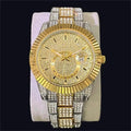 Silver full diamond night glow waterproof quartz men's watch with 42mm round dial and gold plated strap