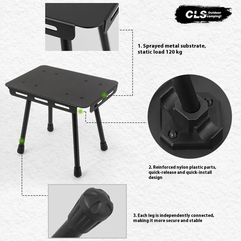 CLS aluminium dual-use camping stool shown in table mode with PU mat cushion, beside its storage bag.