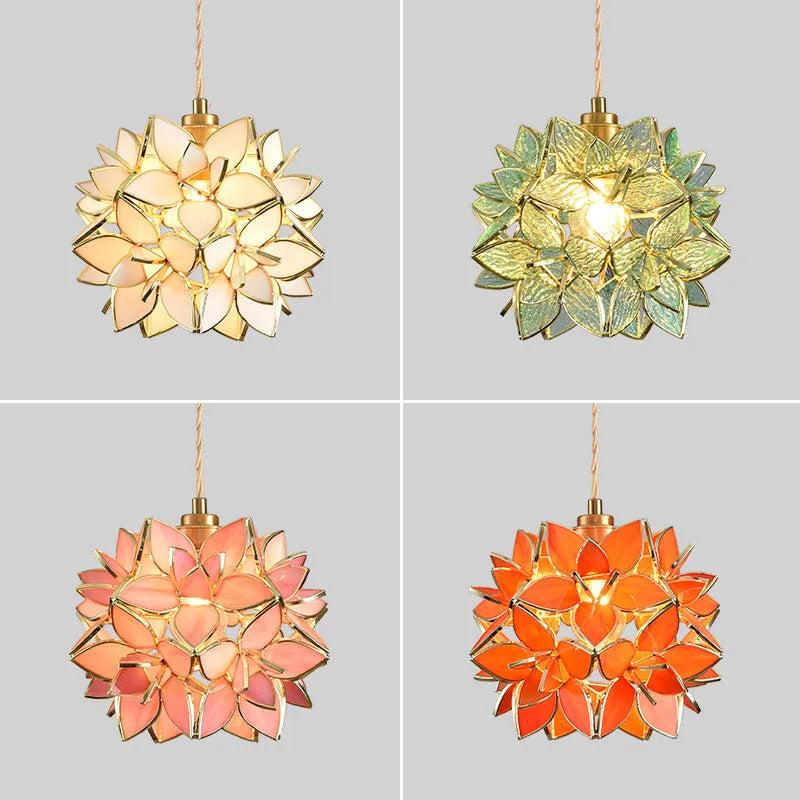 Stained glass line chandelier hanging from ceiling with colourful glass shades and copper lamp head