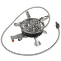 Silver portable stainless steel split camping stove shown with its 100cm fuel hose, folded to 155mm by 125mm.