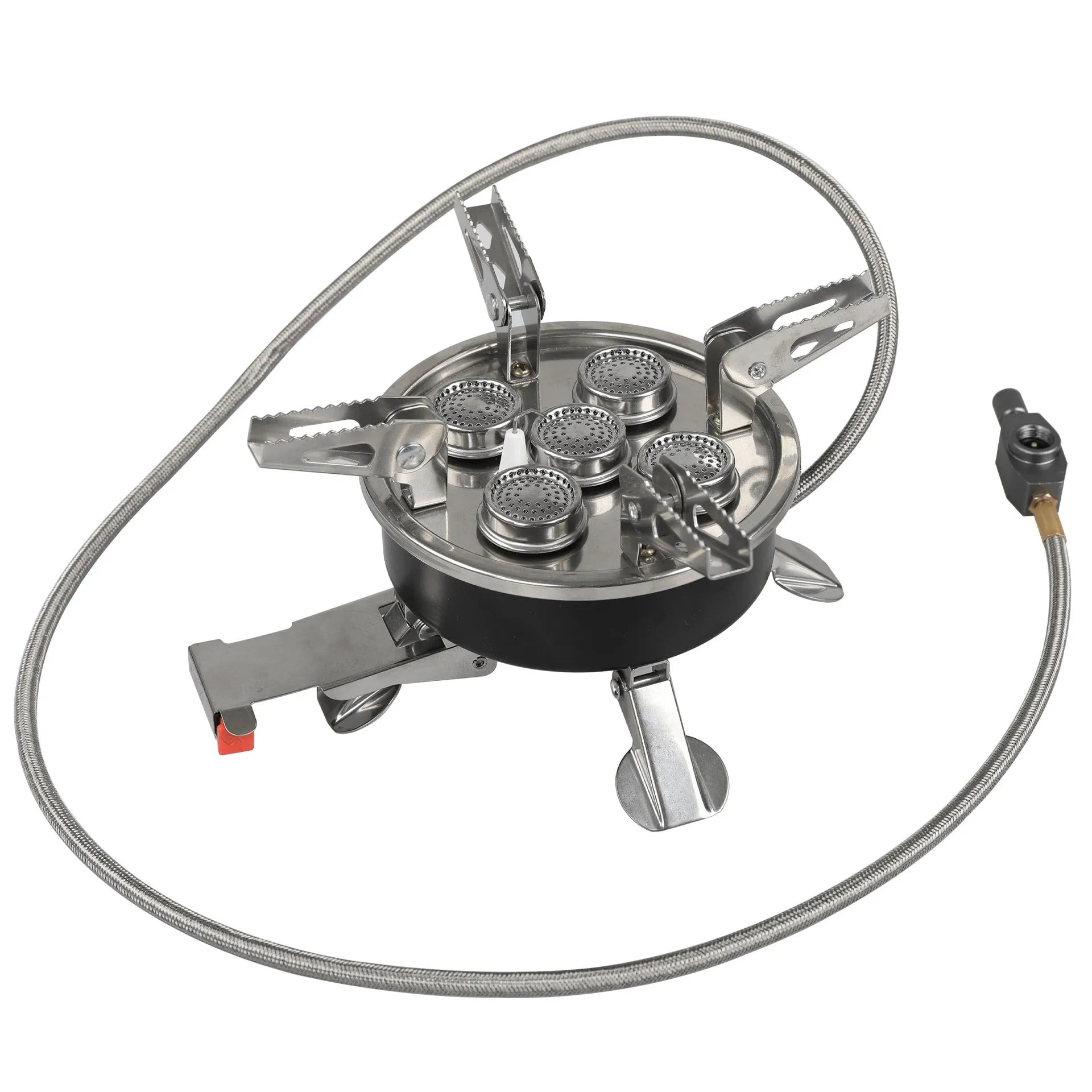 Silver portable stainless steel split camping stove shown with its 100cm fuel hose, folded to 155mm by 125mm.
