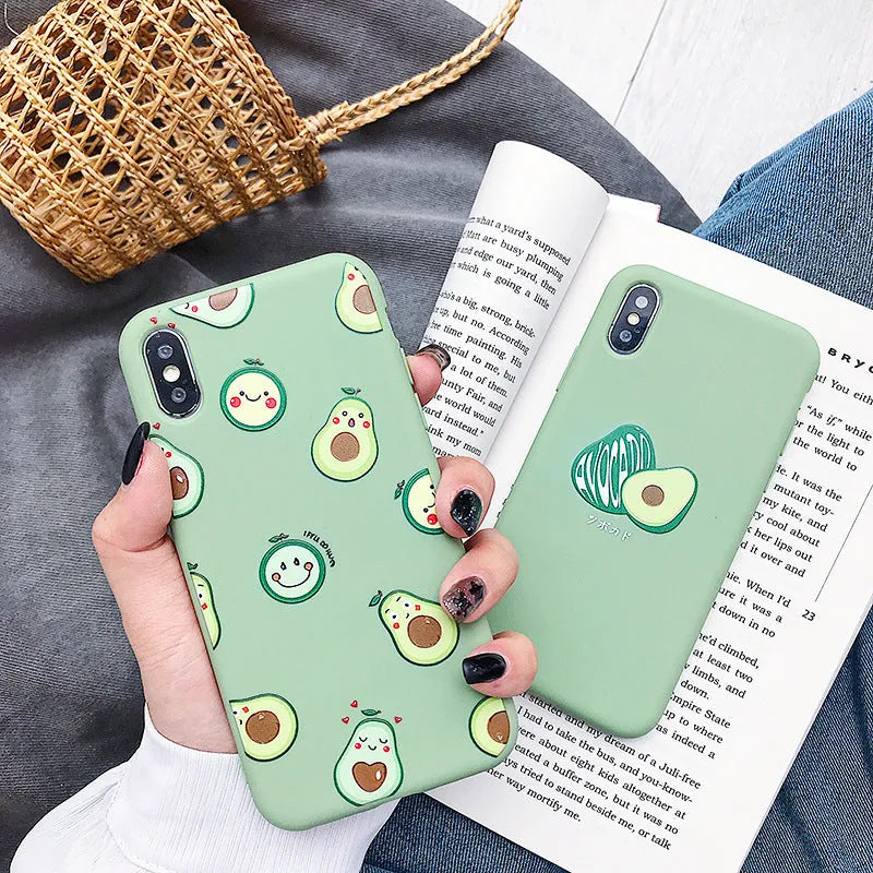 Avocado cartoon design printed on a green TPU back cover case for an Apple iPhone.