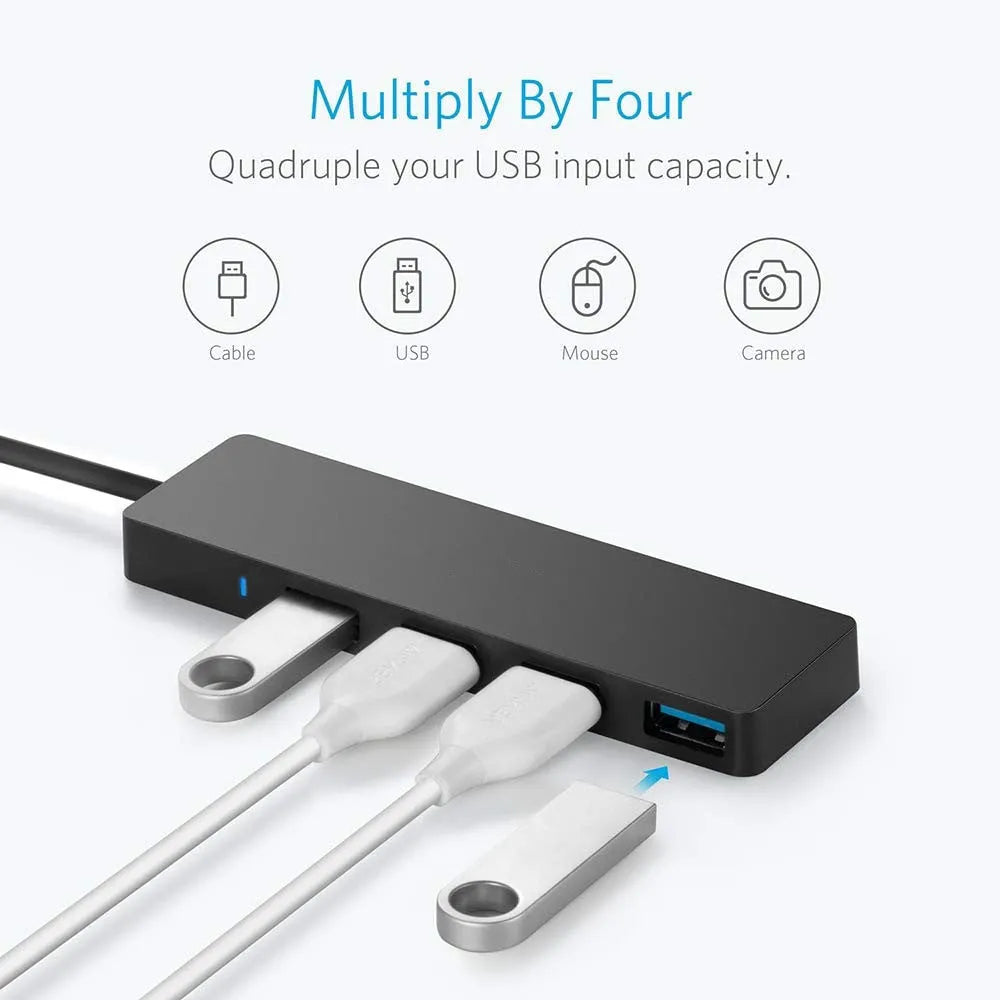 USB 3.0 hub with four ports, blue LED indicators, and 30 cm connection cable