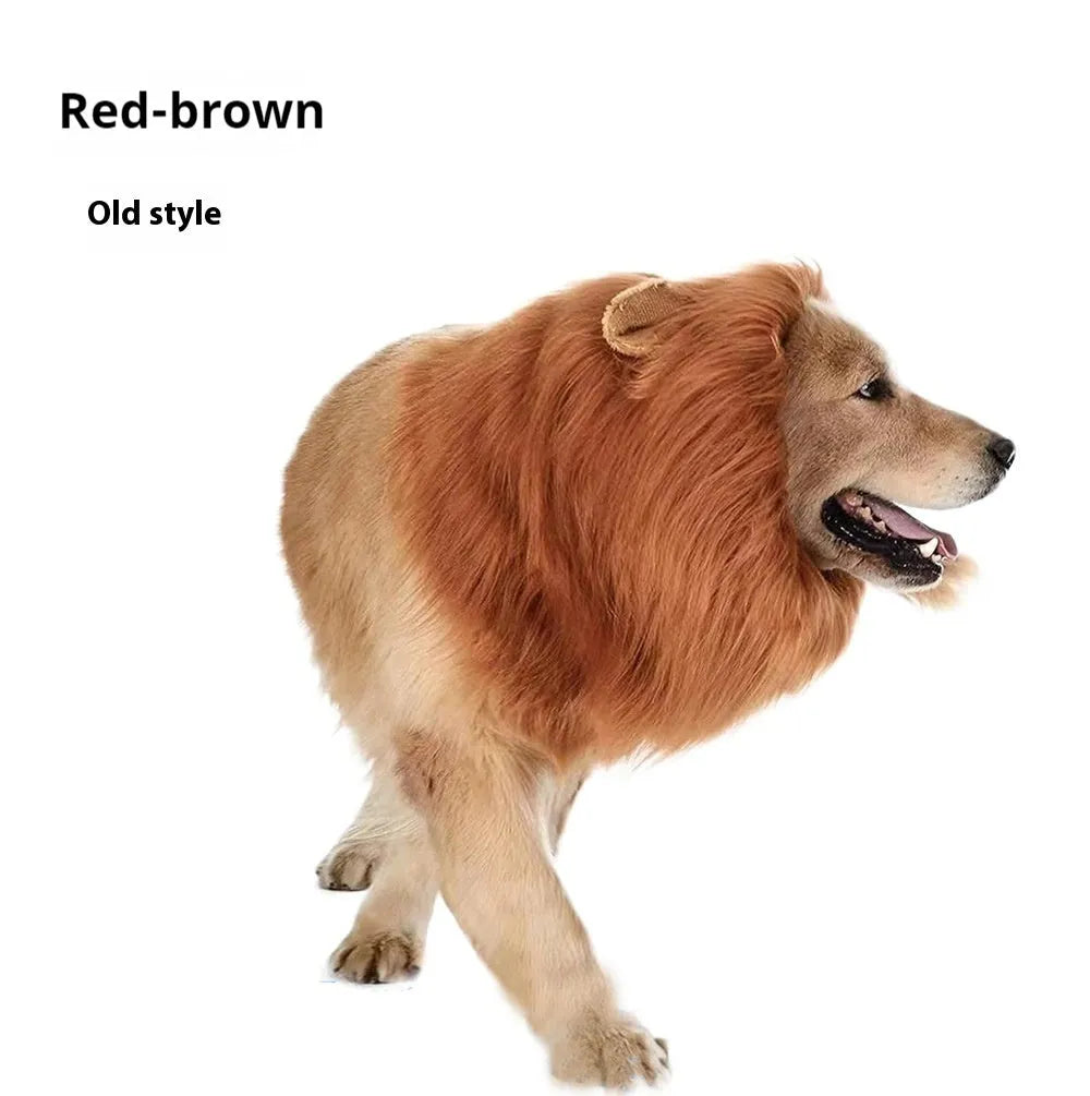 Dog wearing a brown lion headdress costume wig with a full mane and elastic neckband