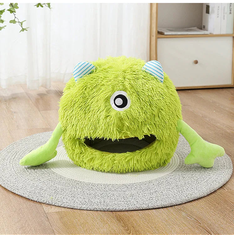 Round fluffy cat bed with plush surface and non-slip bottom in three size options