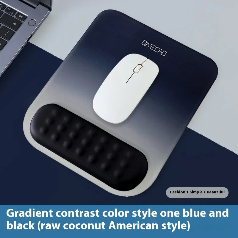 Ergonomic mouse pad with raised wrist support in a choice of contrast colour patterns on a desk.