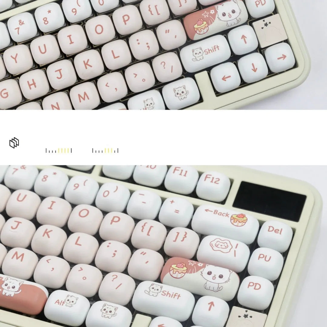 Set of colourful cartoon dessert cat themed key caps for mechanical keyboards on a white background.