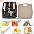 Brown eight-piece kitchen tool set with stainless steel cutter, peeler, fruit knife and wheat straw chopping board
