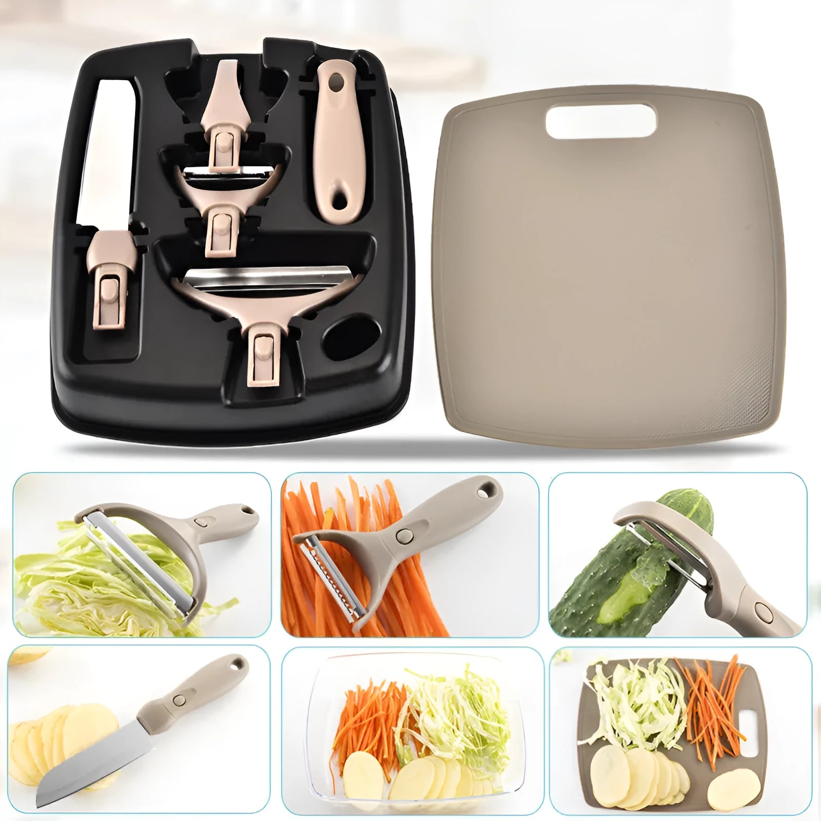 Brown eight-piece kitchen tool set with stainless steel cutter, peeler, fruit knife and wheat straw chopping board