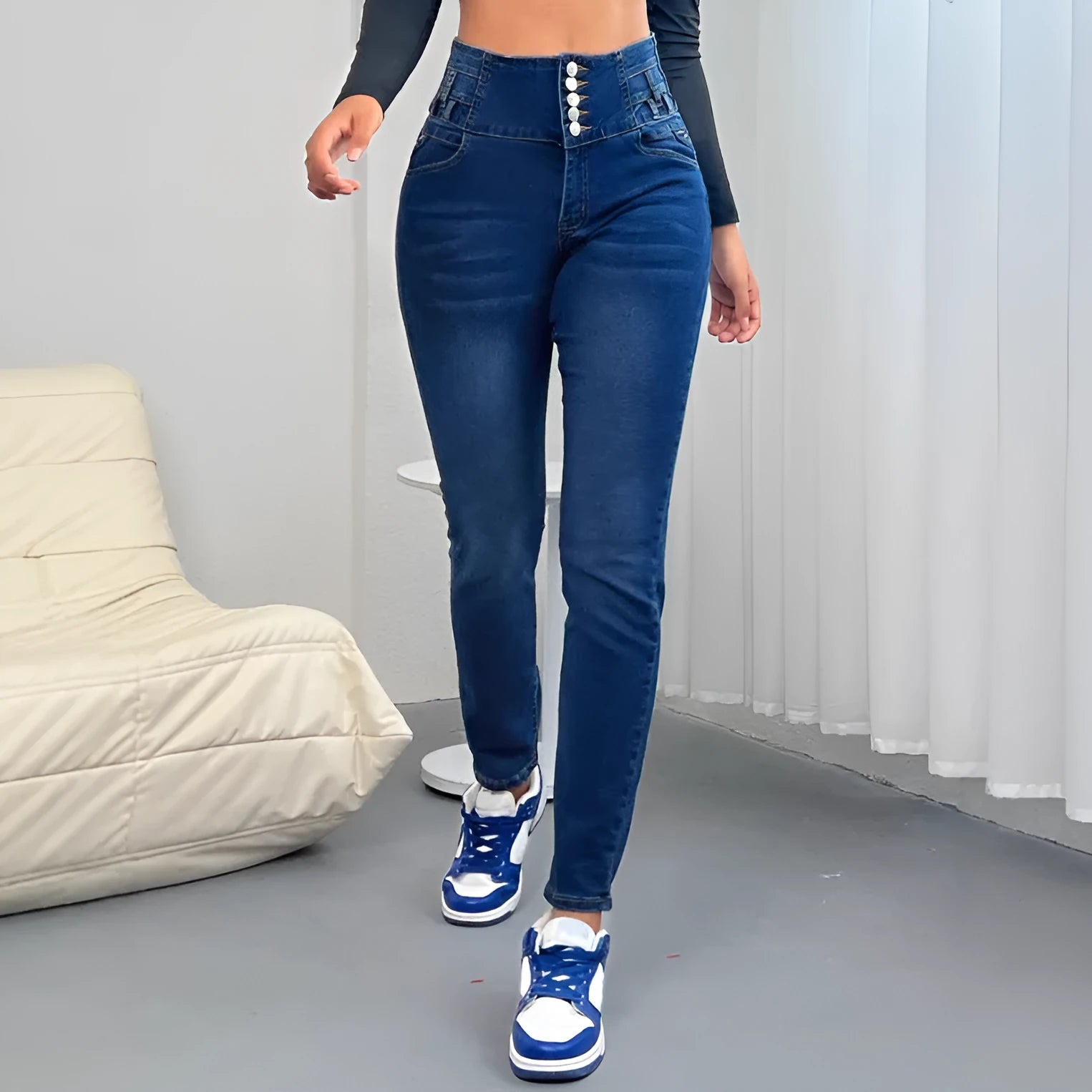 Women's dark blue straight-leg jeans with breasted design and street hipster style