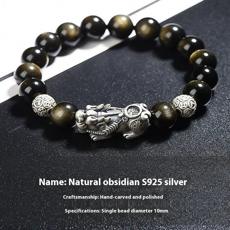 Men's geometric obsidian bracelet with leather-textured sterling silver details in 10mm, 12mm or 14mm sizes