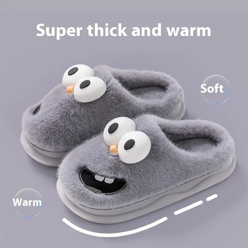 Female warm indoor cartoon big eye dog cotton slippers with suede upper, grey colour, size 38/39