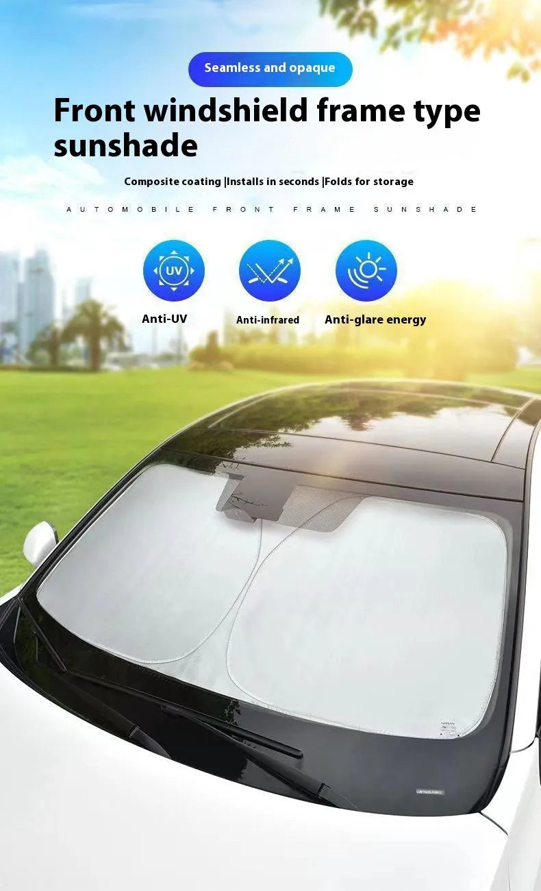 Aluminium foil car windscreen sunshade in silver colour, shown in a rectangular flat size.