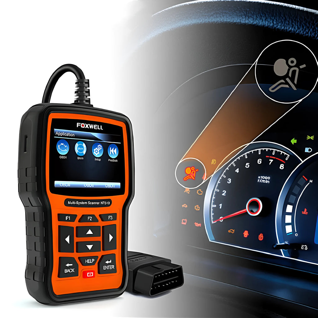 Orange and black Foxwell NT510 automotive diagnostic scanner with OBD2 cable and large colour screen