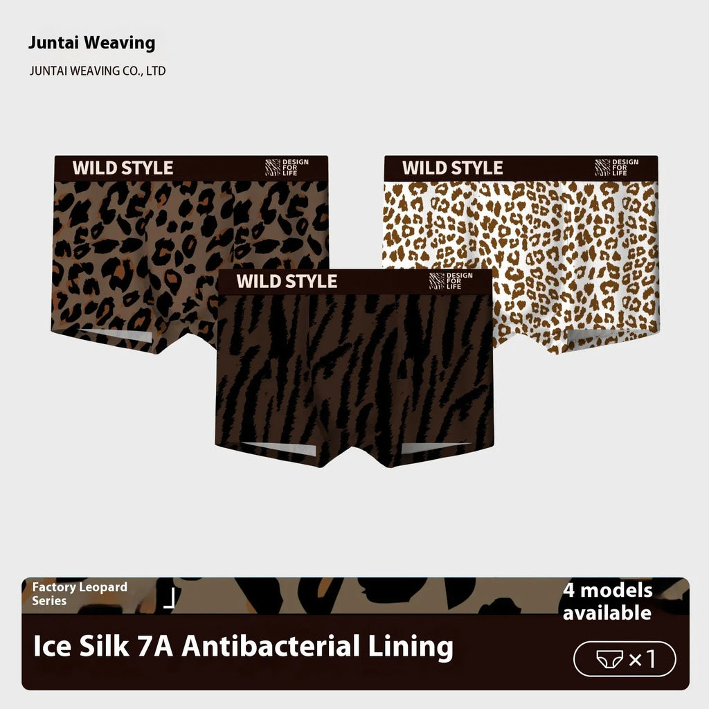 Men's leopard print ice silk underwear with mid waist design and polyester knit fabric
