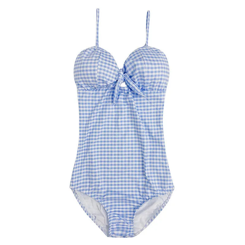 Women's blue and white plaid one-piece swimsuit on a hanger