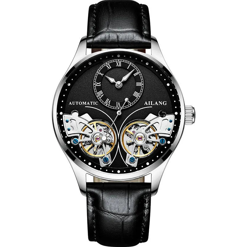 Men's automatic watch with black dial showing tourbillon and moon phase on a steel bracelet.
