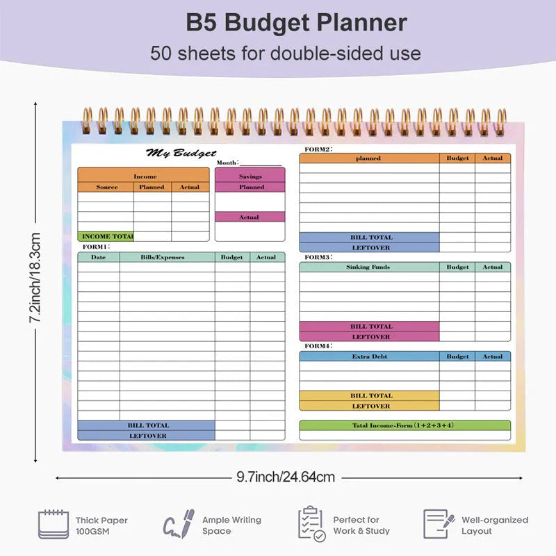 B5 budget tally book with spiral binding and PP cover for daily income and expenditure tracking