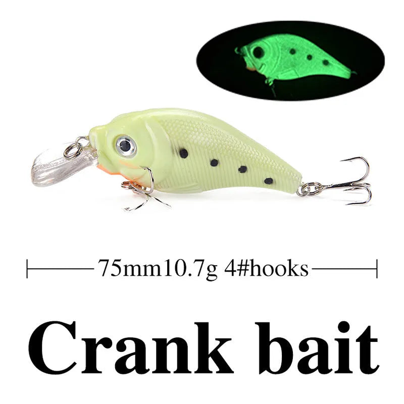 Set of five multi-colour 3D fluorescent hard bait fishing lures with luminous design.