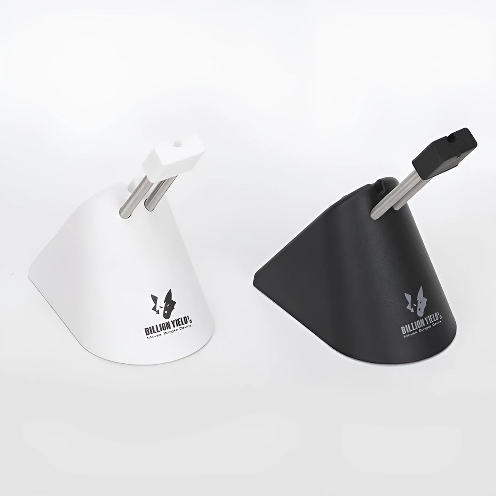 Black and white ABS plastic mouse cable holder for desk mounting.