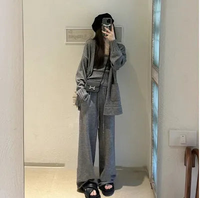 Women's knit cardigan vest suspender pants three-piece set in light coffee colour