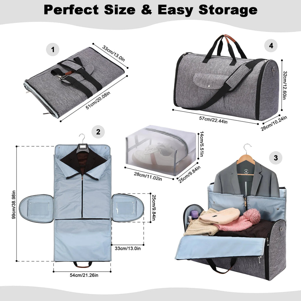 Folding duffel luggage bag in dark blue Oxford cloth with carrying handles.