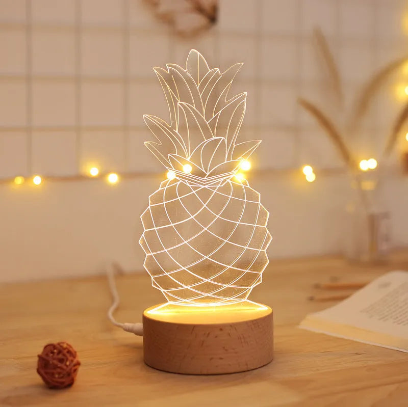 Cartoon pineapple-shaped bedside table lamp with wood base and acrylic shade, showing dimmer buttons.