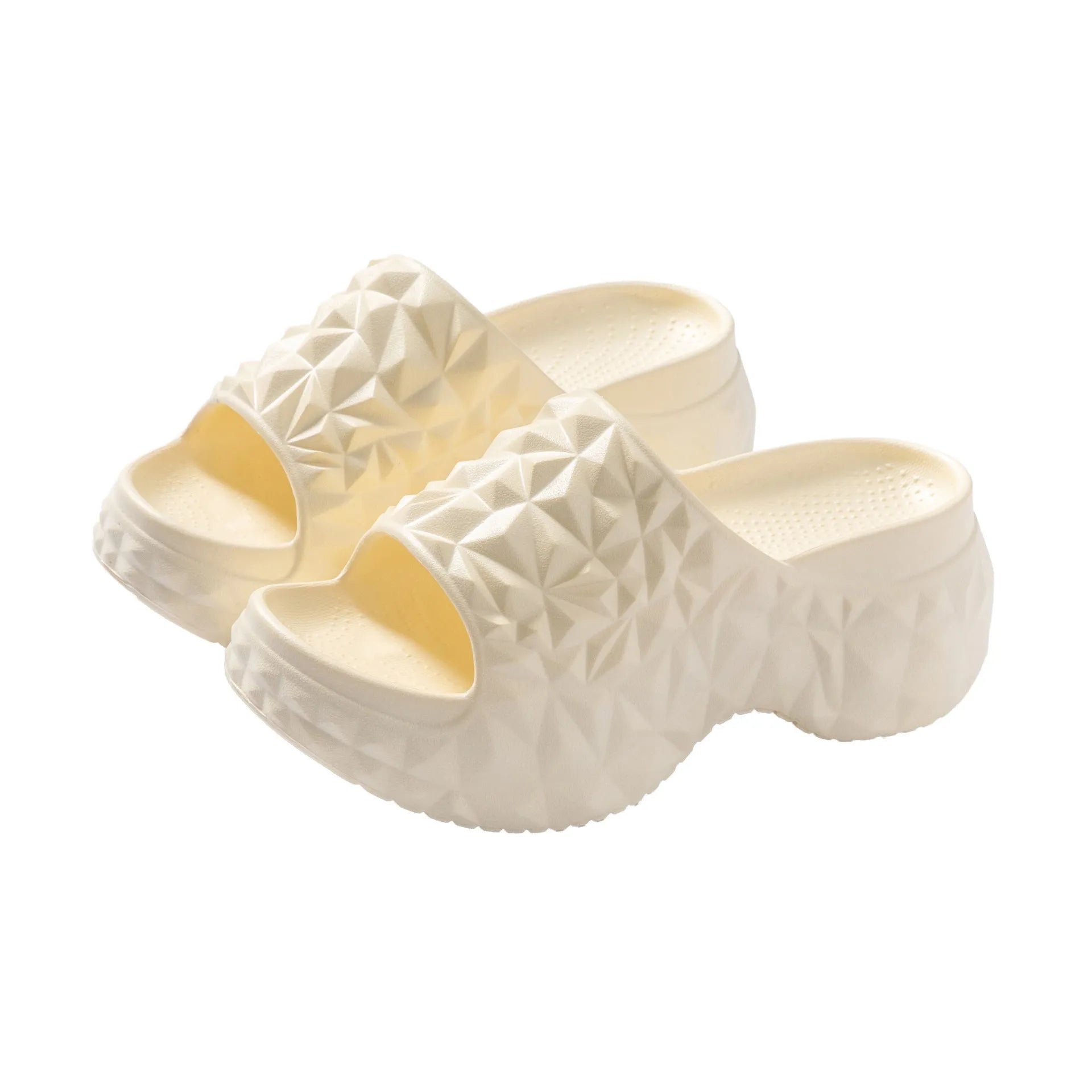 High heel Eva slippers with thick sole in khaki, black or white colours, showing flip-flop style design