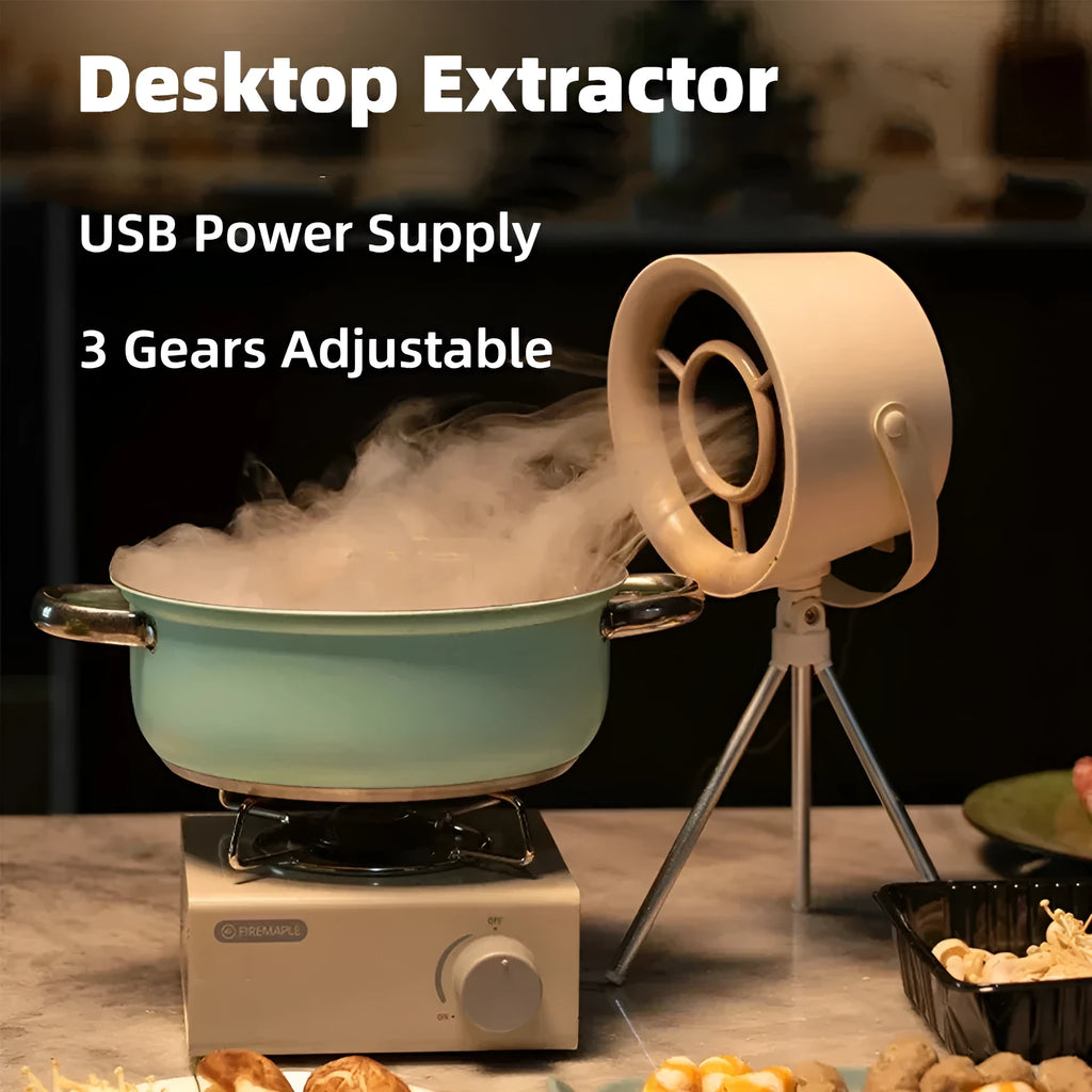 Milky white portable desktop exhaust fan with tripod stand and removable filter for kitchen smoke extraction
