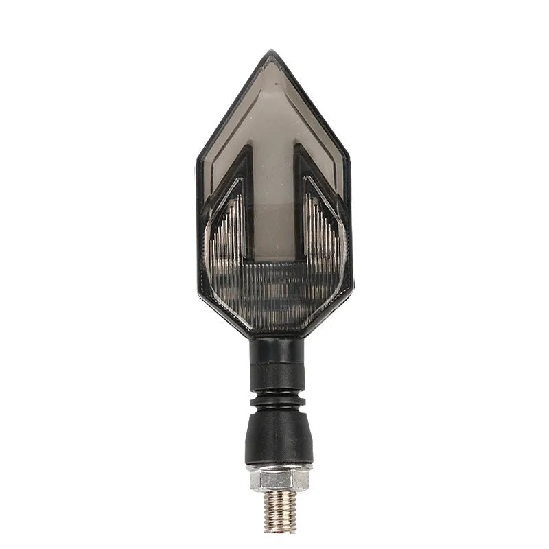 Arrow-shaped LED motorcycle direction indicator light with 12V yellow and coloured accent options.