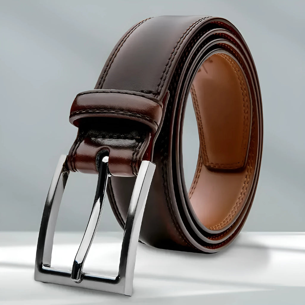 Men's brown genuine leather casual belt with 95 grain pattern and alloy buckle, laid flat to show length.