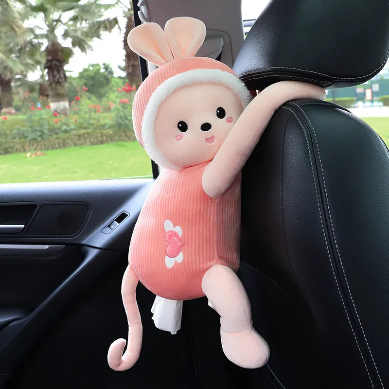 Plush car seat tissue holder with strap attached to vehicle seat back in animal design