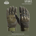 Men's black tactical full finger gloves with touch screen fingertips on a hand.