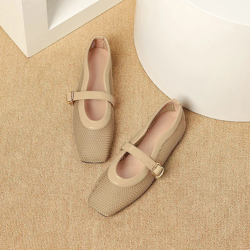 Women's beige mesh summer pumps with square toe and buckle closure showing breathable upper design