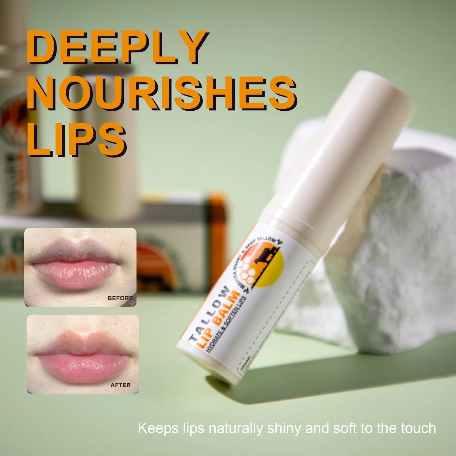 Tallow lip balm stick in a case measuring 83mm tall with product code FP B021