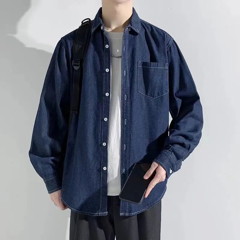 Men's pure cotton denim long sleeve shirt in dark blue, loose cardigan style, front view