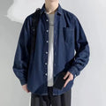 Men's pure cotton denim long sleeve shirt in dark blue, loose cardigan style, front view
