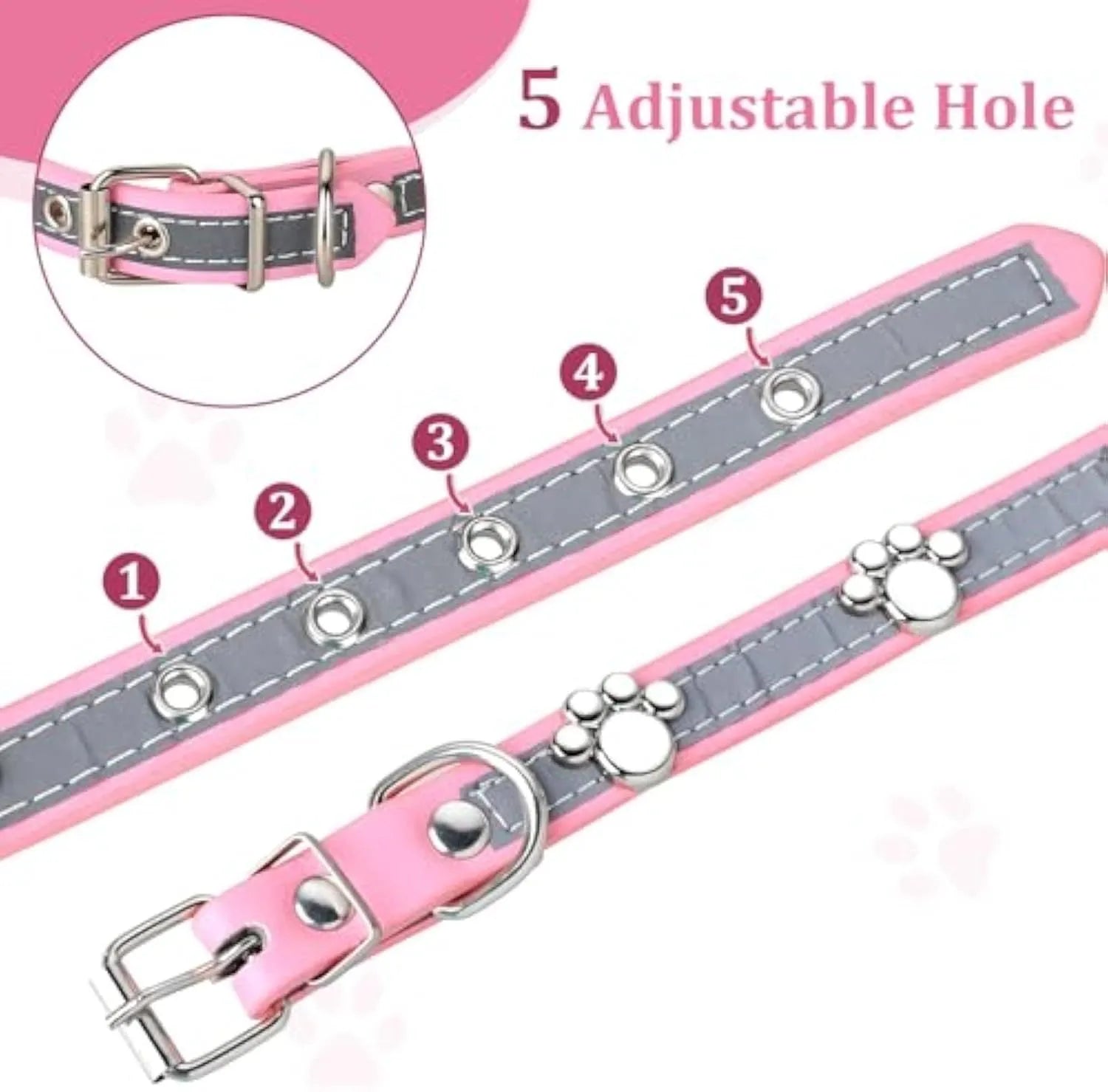 Reflective adjustable dog collar with PU leather and decorative paw rivet in multiple size options