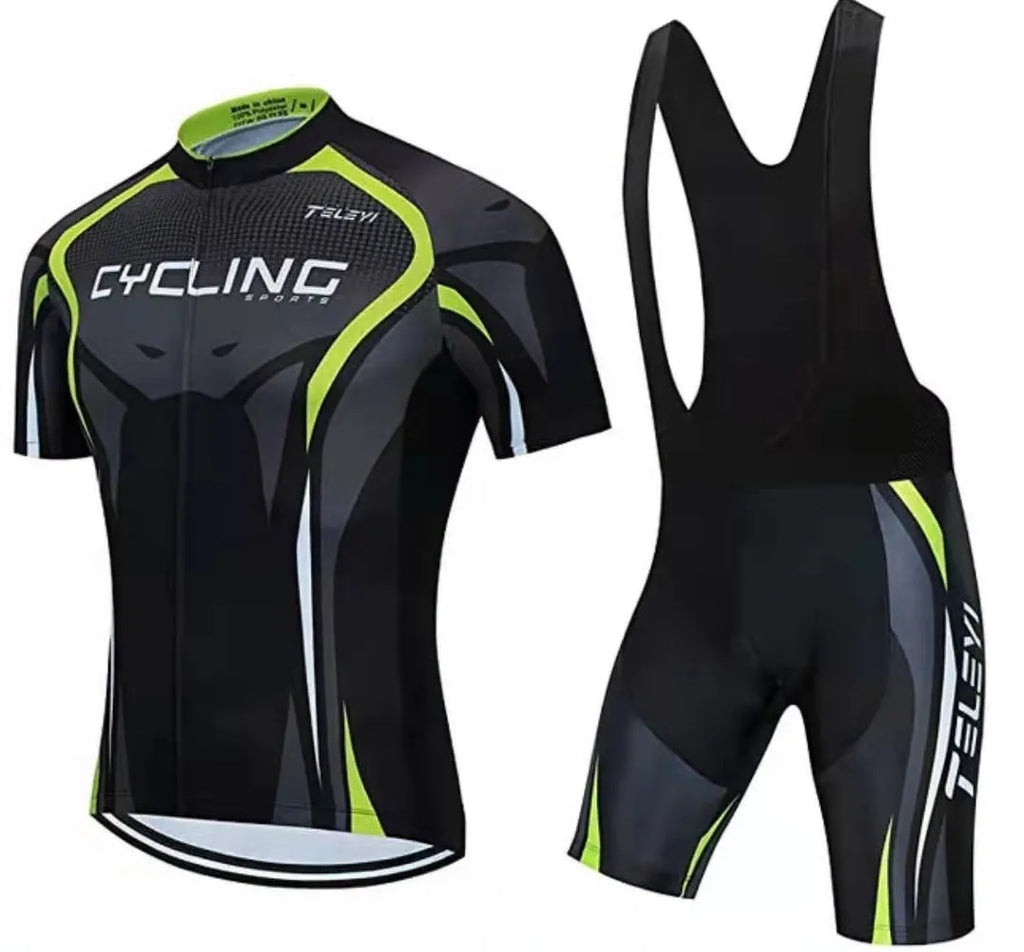 Cycling jersey and pants set for summer biking with moisture-wicking fabric.