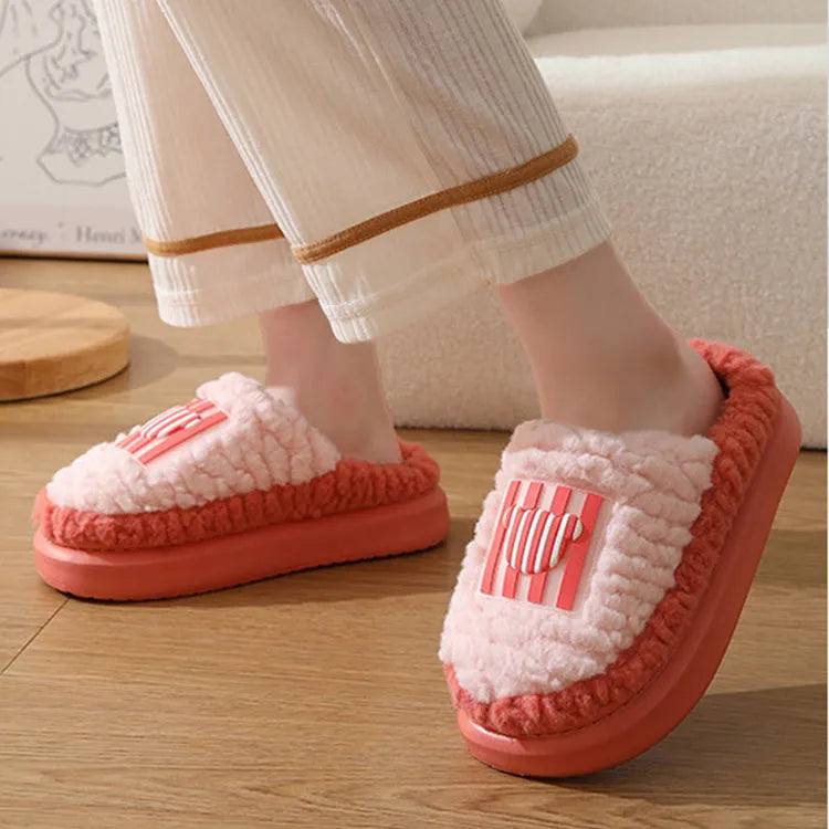 Lamb wool non-slip indoor slippers for couples in winter, thick sole with car stitching