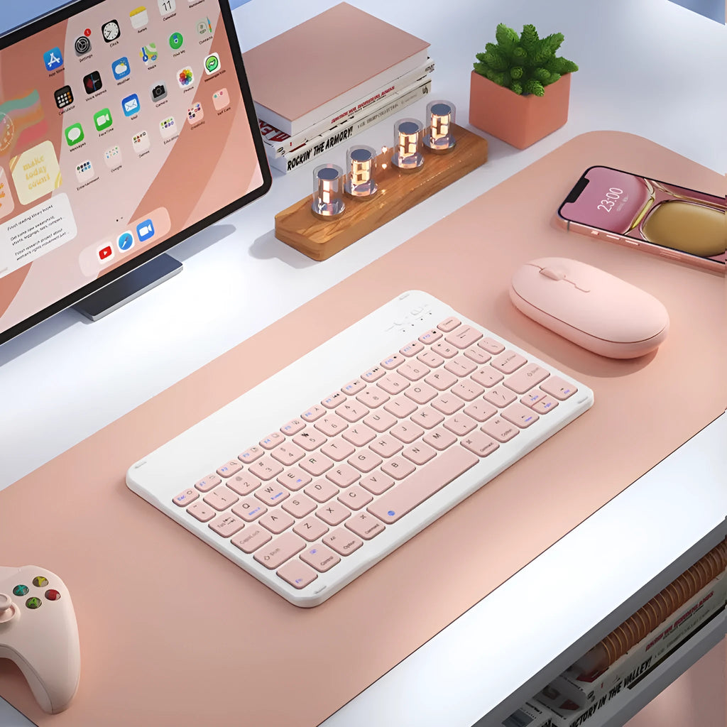 Bluetooth keyboard for tablet in multiple colour options including white, green, pink, and lavender.