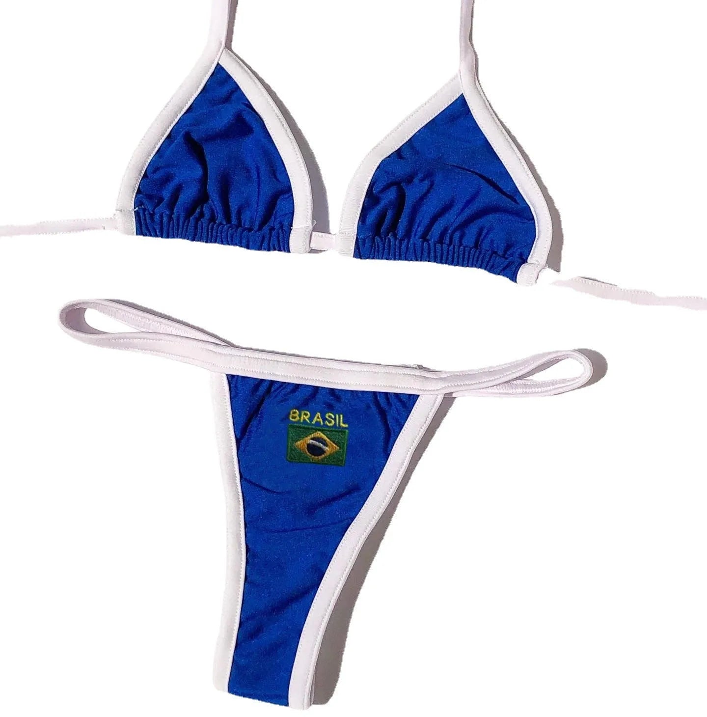Women's slim fit blue T-back bikini set with matching short panties