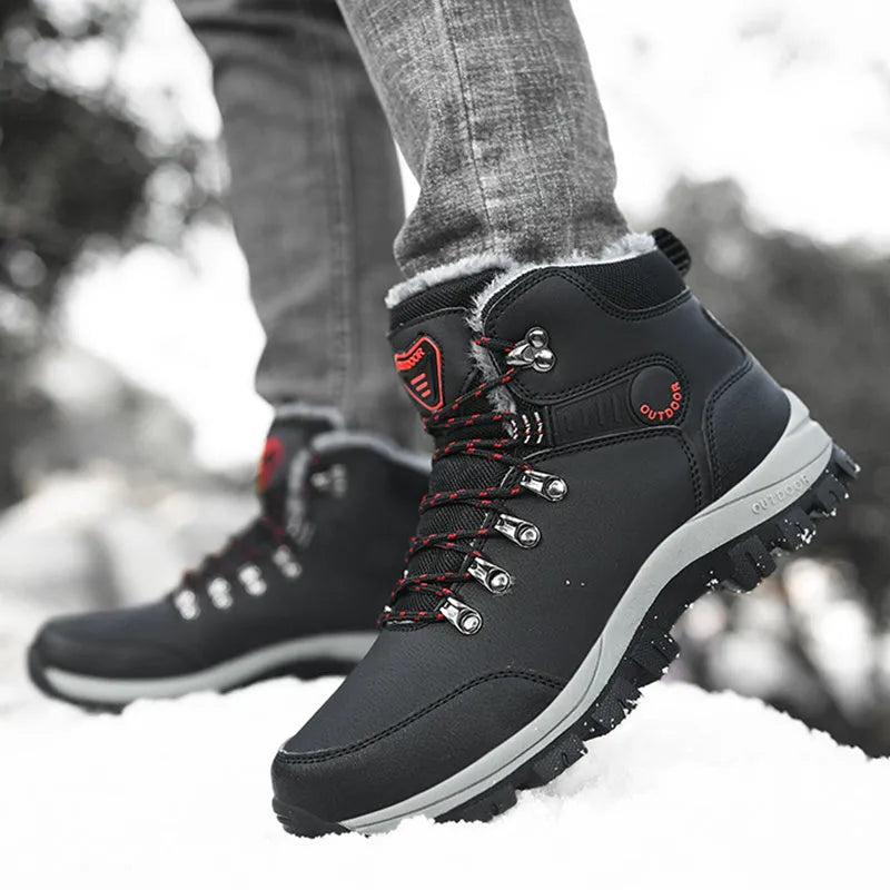 Men's winter snow boots with warm plush lining, lace-up synthetic leather upper, TPR sole, grey plus colour option