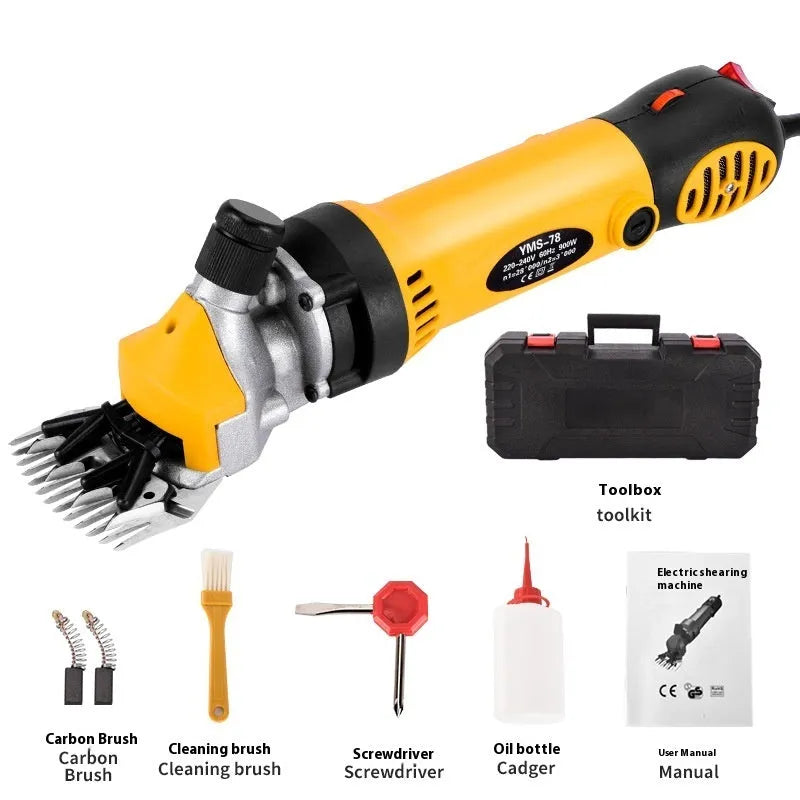 Yellow 110V electric wool shearing machine with multiple blade sets and maintenance tools