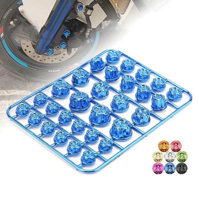 Set of 30 coloured ABS plastic screw caps for motorcycle engine modification.