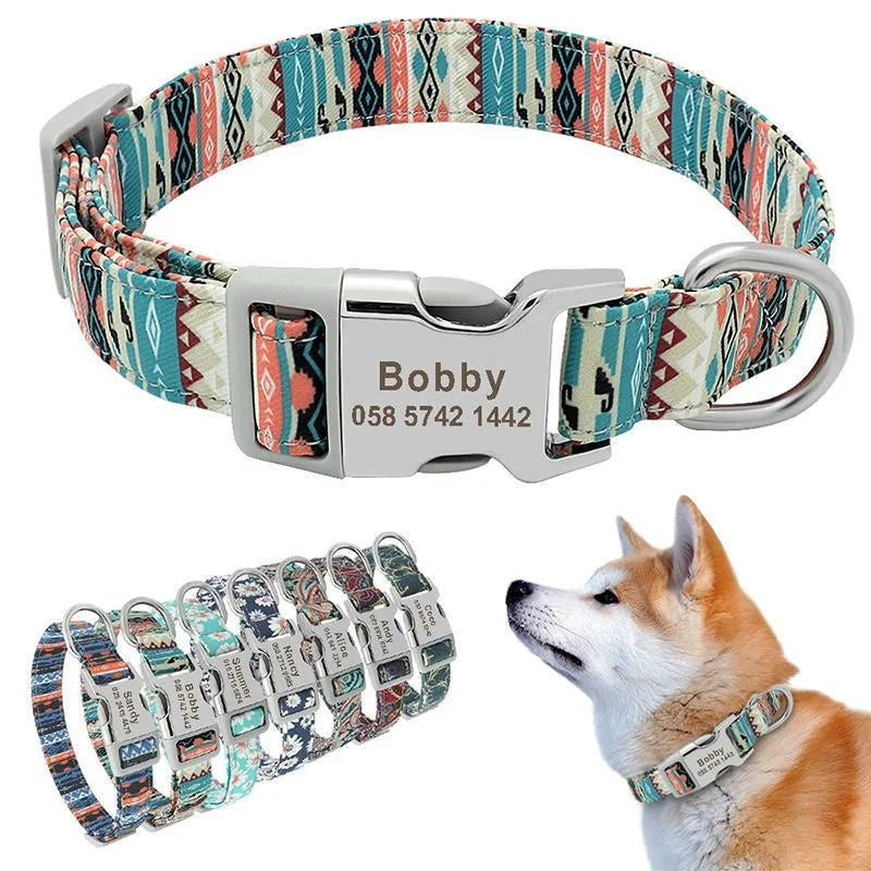 Colourful canvas dog collar with semi-metal buckle in striped floral pattern
