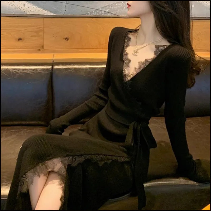 Black women's slim fit woolen princess dress skirt on a model.