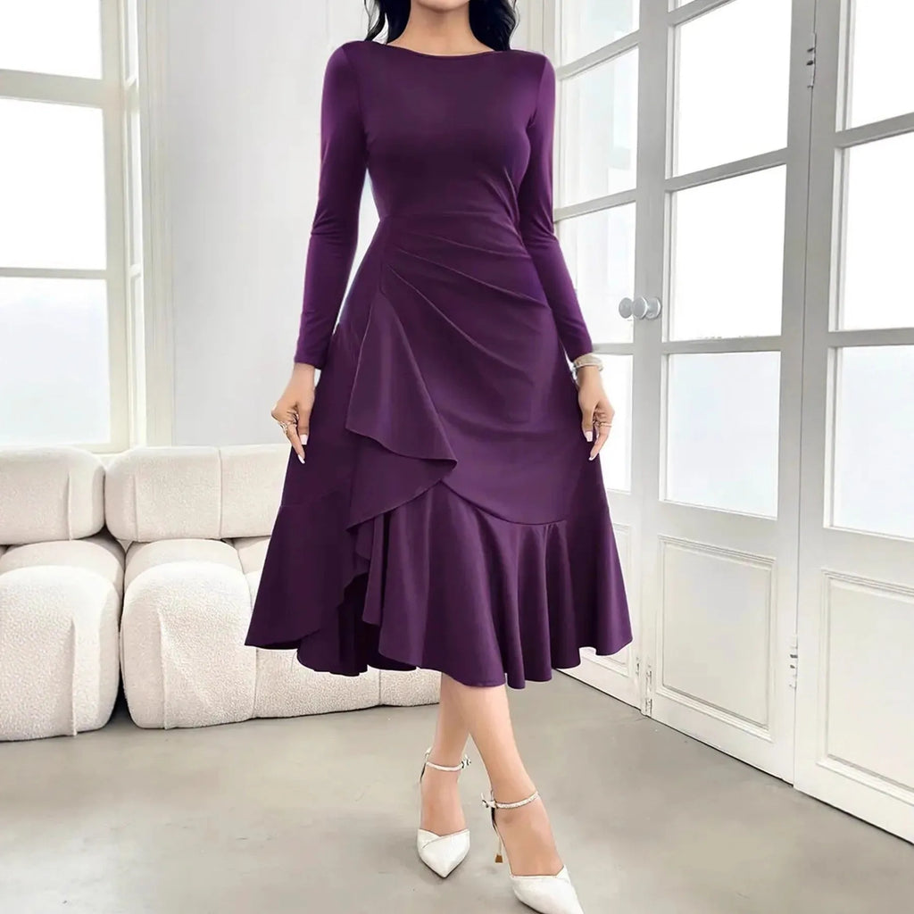 Purple women's long sleeve dress with ruffled detail and a mid waist.
