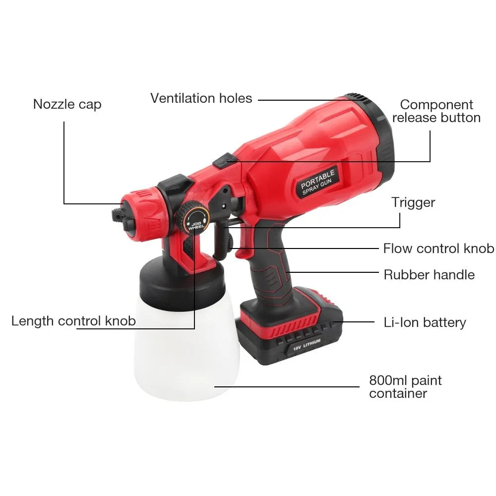 Blue cordless automatic paint spray gun with 800ml container and 1.8mm nozzle